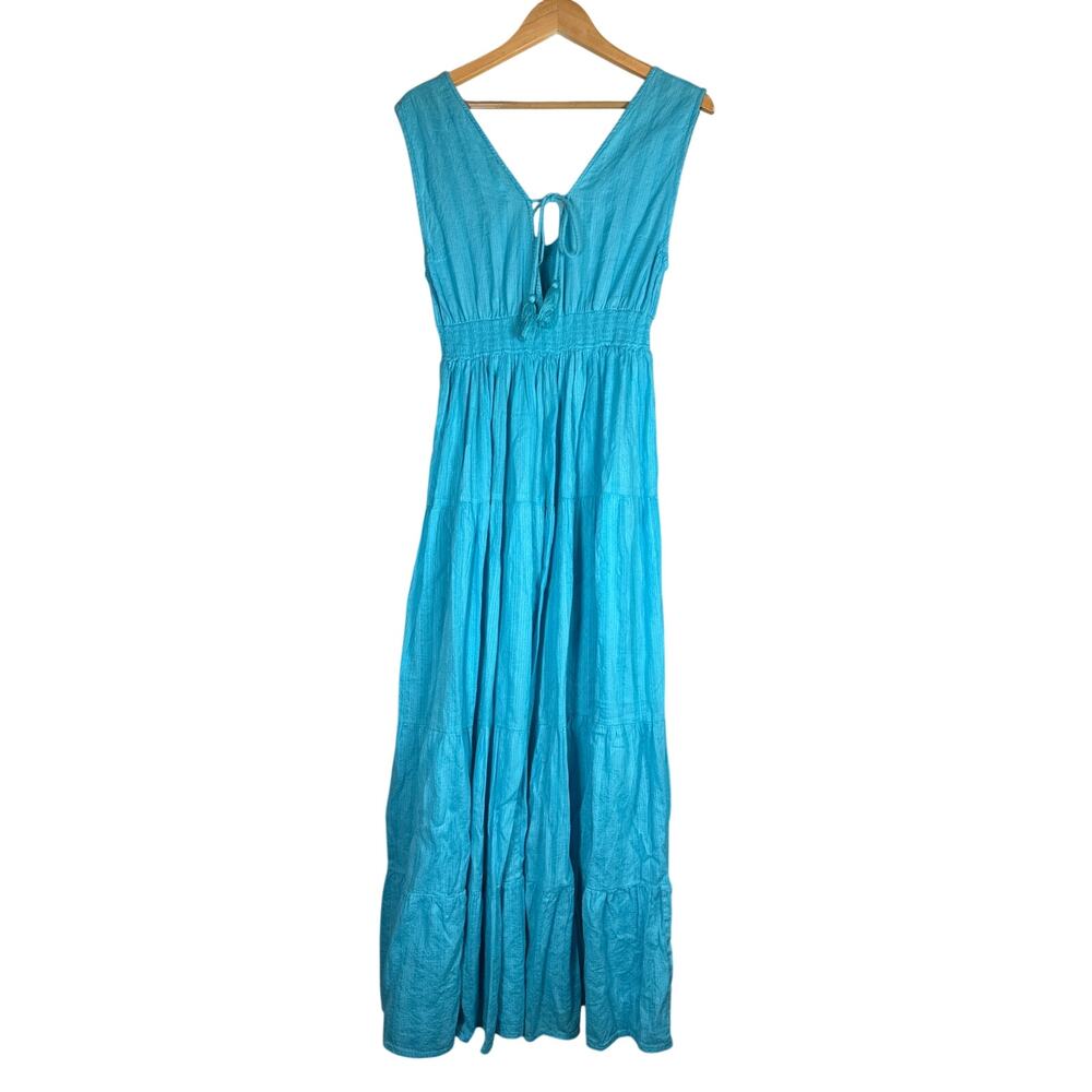 Antica Satoria Teal Blue Sleeveless Tiered Maxi Dress Euro Summer European Flowy - Picture 3 of 8
